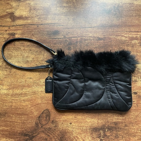 Small Coach Wristlet with Fur in Black